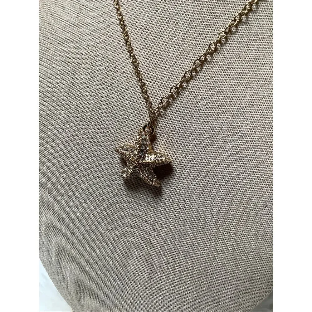 J Crew Gold Tone Pave Crystal Starfish Pendant Statement Necklace Coastal F15-14